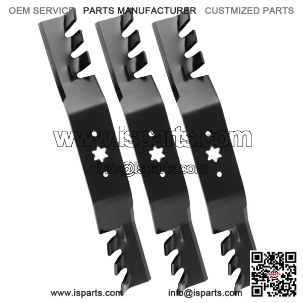 This set includes three toothed lawn mower blades compatible with the Cub Cadet RZT 50" deck, part number 942-04053C.