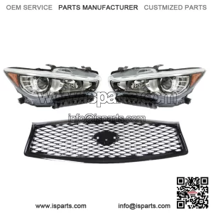 Pair Headlights+Front Upper Grille For 2014-2016 2017 Infiniti Q50 w/o AFS LH+RH