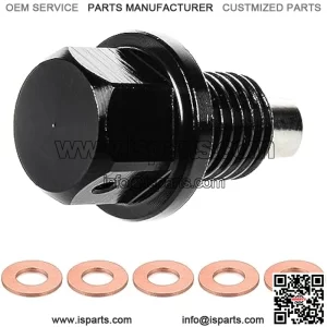M12 x 1.75 Magnetic Aluminum Oil Drain Plug, Stainless Steel Sump Drain Nut Bolt with 5 PCS Copper Crush Washer, Universal Leak-proof Replacement for Most Cars Motorcycle Boat(Black)