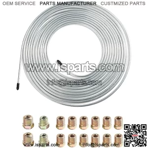 25 Ft Flexible Tube Line Roll,1/4" Brake Line Tubing Kit,Copper Coated Alloy Brake Line Tubing Coil with 16 Inverted Flare Fittings,Fuel Line Coil(Silver)