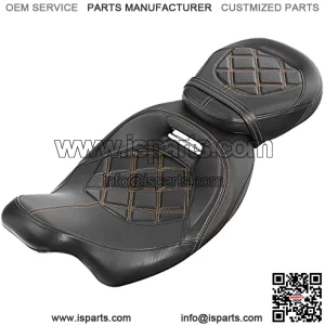 Low-Profile Leather Seat Pillion Passenger Rider Seat Set For Harley Touring Road King Street Glide Road Glide Electra Glide CVO 2009-2023 (Style 2 - Orange Stitching)